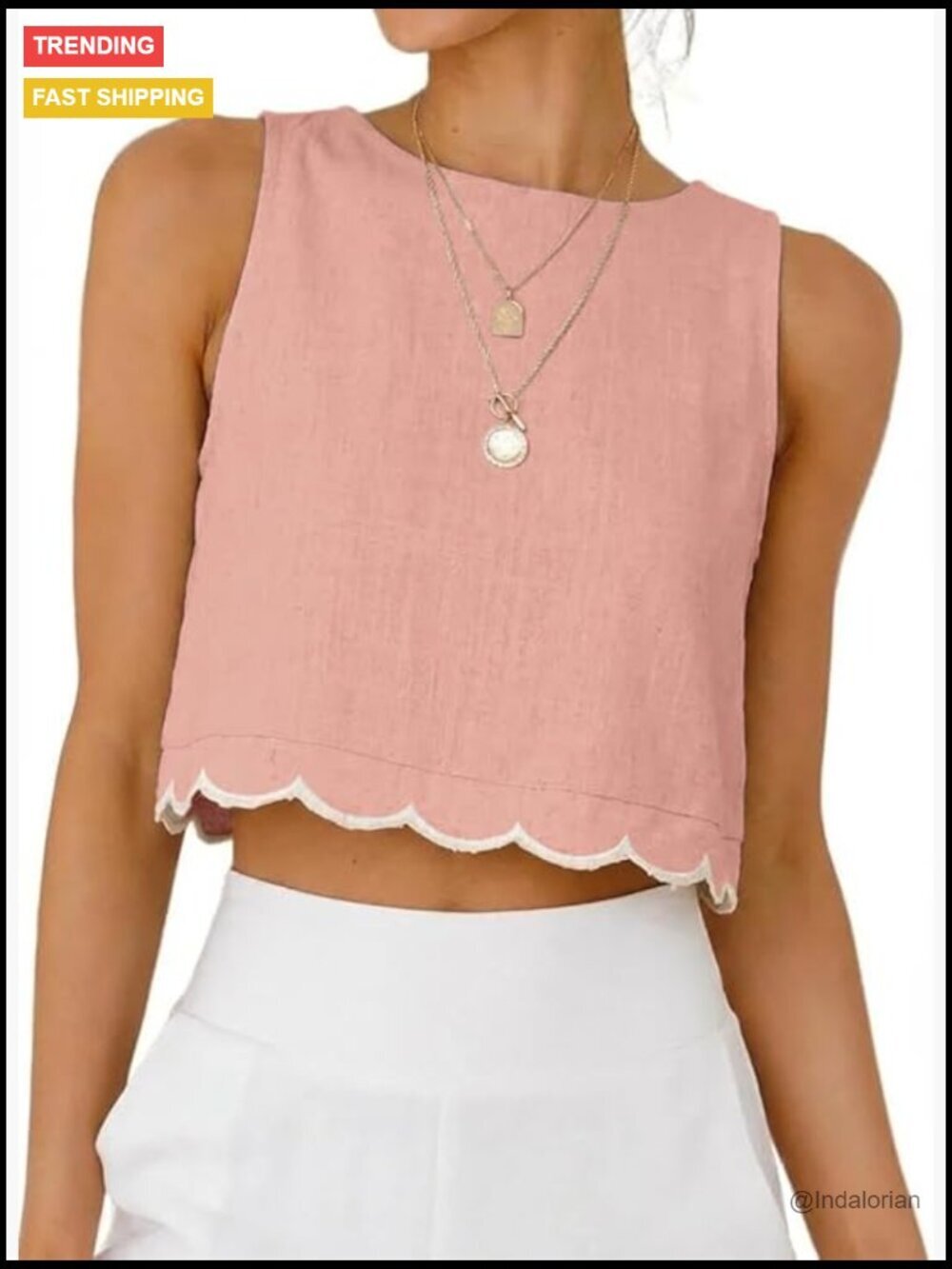 High Neck Linen Tank Top Scallop Hem Cropped Sleeveless Summer Blouse